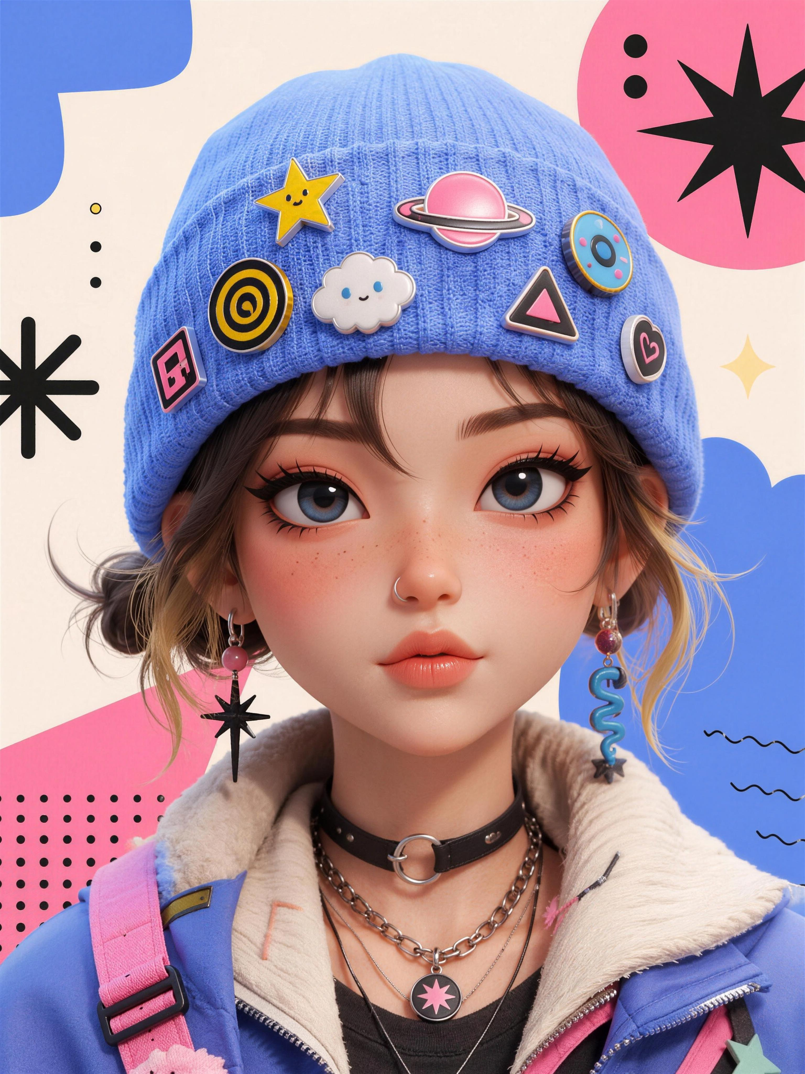 Portrait of a girl with a colorful badge